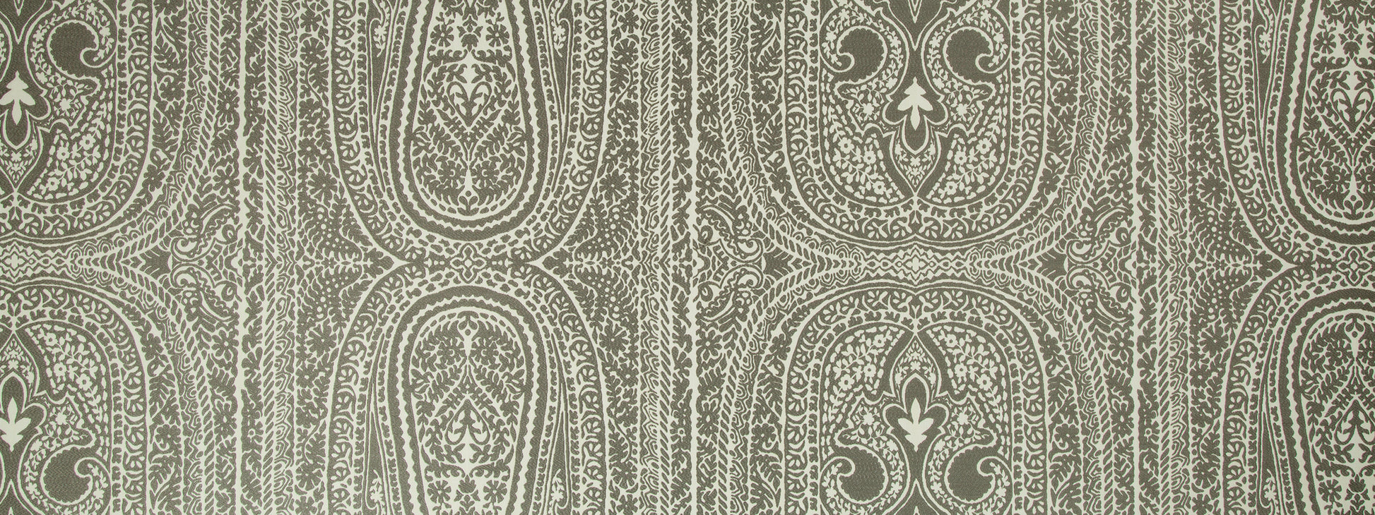 Gray damask-pattern upholstery fabric with cream scrolls and floral motifs in an ornate vintage design.