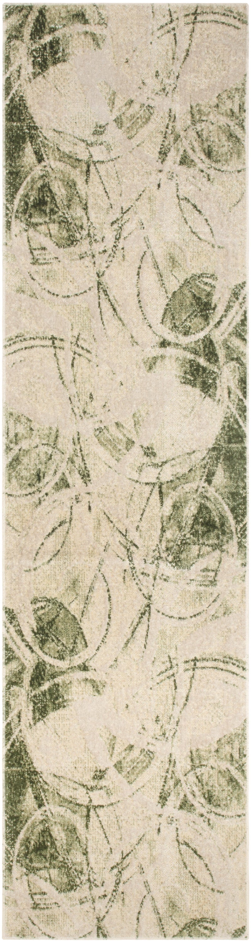 Beige wallpaper with olive green circular rosette motifs & delicate vines; vintage botanical pattern.
