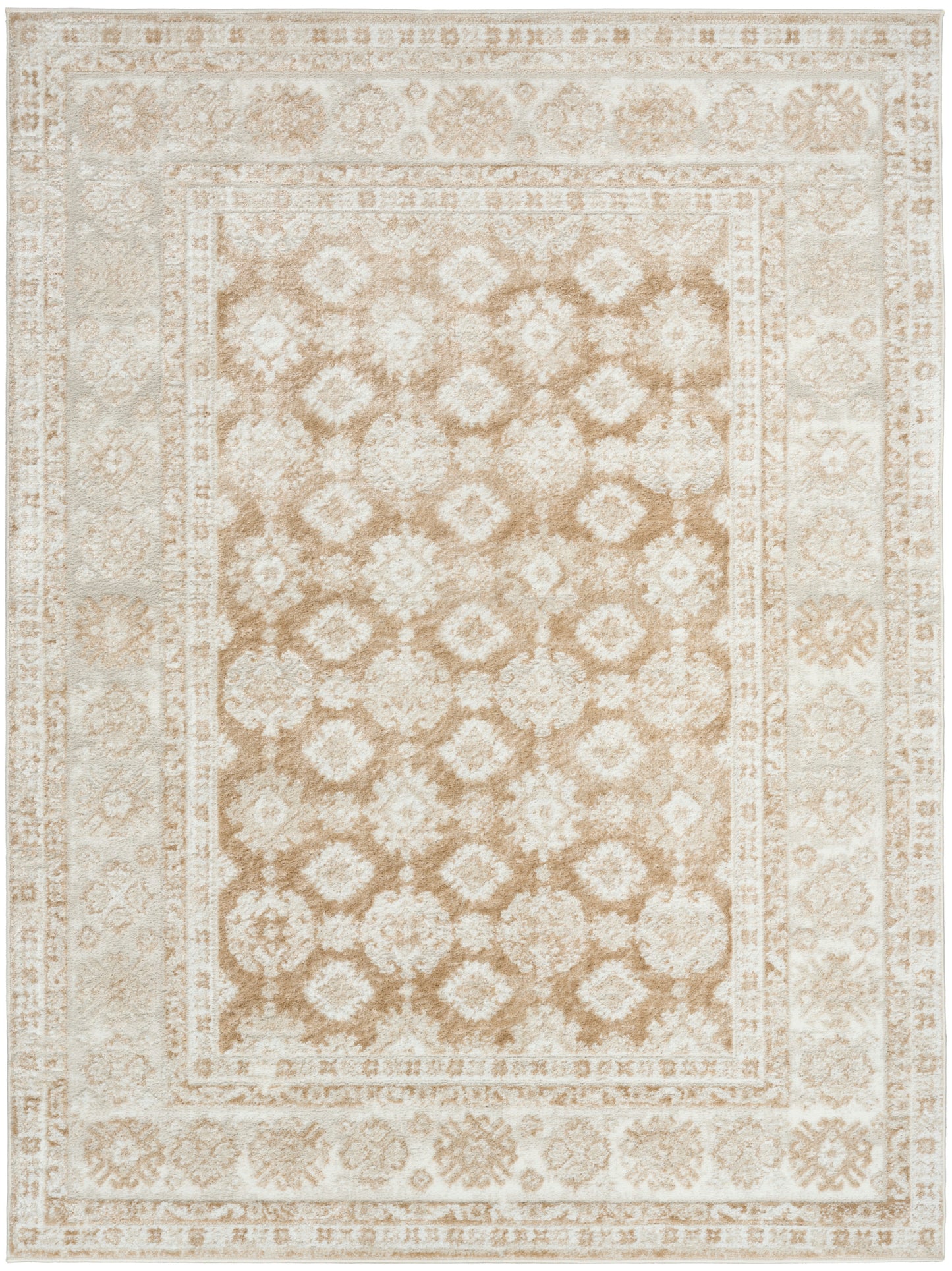 Rectangular cream and tan oriental rug with a central floral lattice of medallions and ornate multi-border frame.