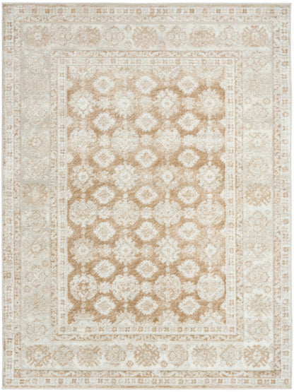 Rectangular cream and tan oriental rug with a central floral lattice of medallions and ornate multi-border frame.