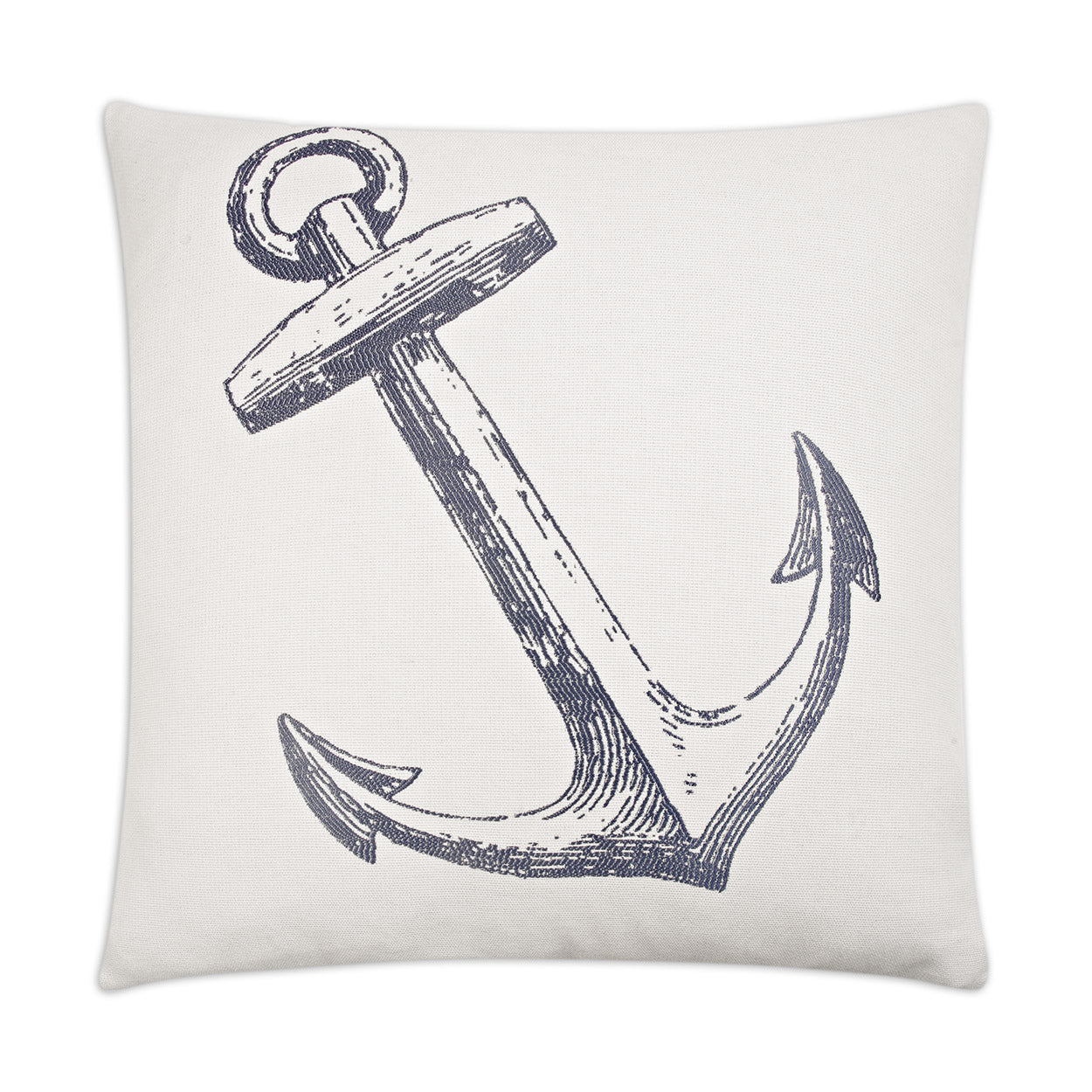 Cream square pillow featuring a navy ink-style anchor sketch.