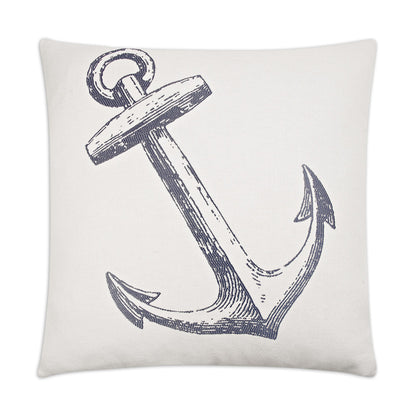 Cream square pillow featuring a navy ink-style anchor sketch.