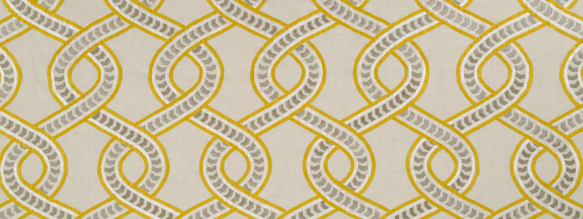 Beige wallpaper with interlocking yellow loops outlined over gray chevron bands for a bold geometric retro pattern.