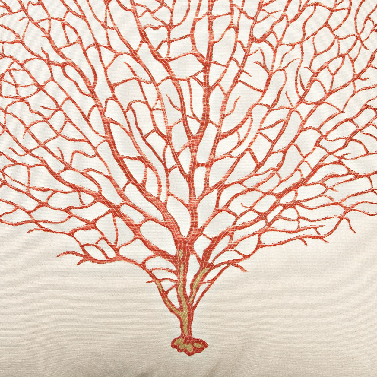 Red-orange coral branch pattern on cream fabric, sea-inspired textile design