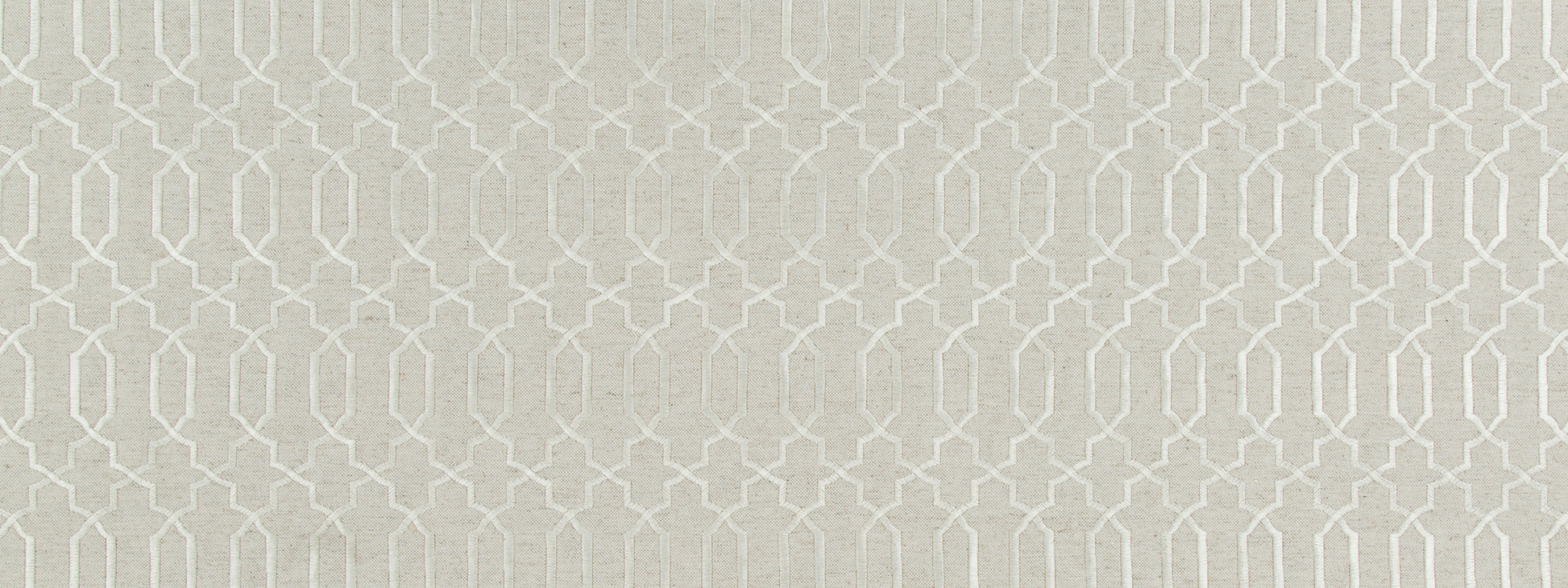Beige linen-like fabric with white interlocking geometric lattice pattern; versatile for upholstery or drapery.