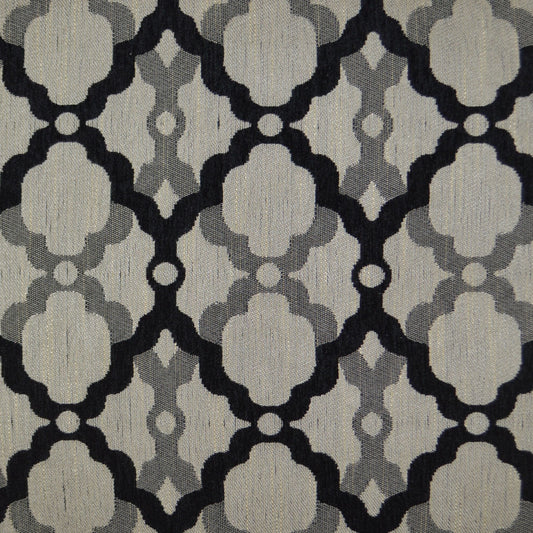 Textured woven fabric in gray, black, and beige with a repeating trellis damask lattice and circular motifs.