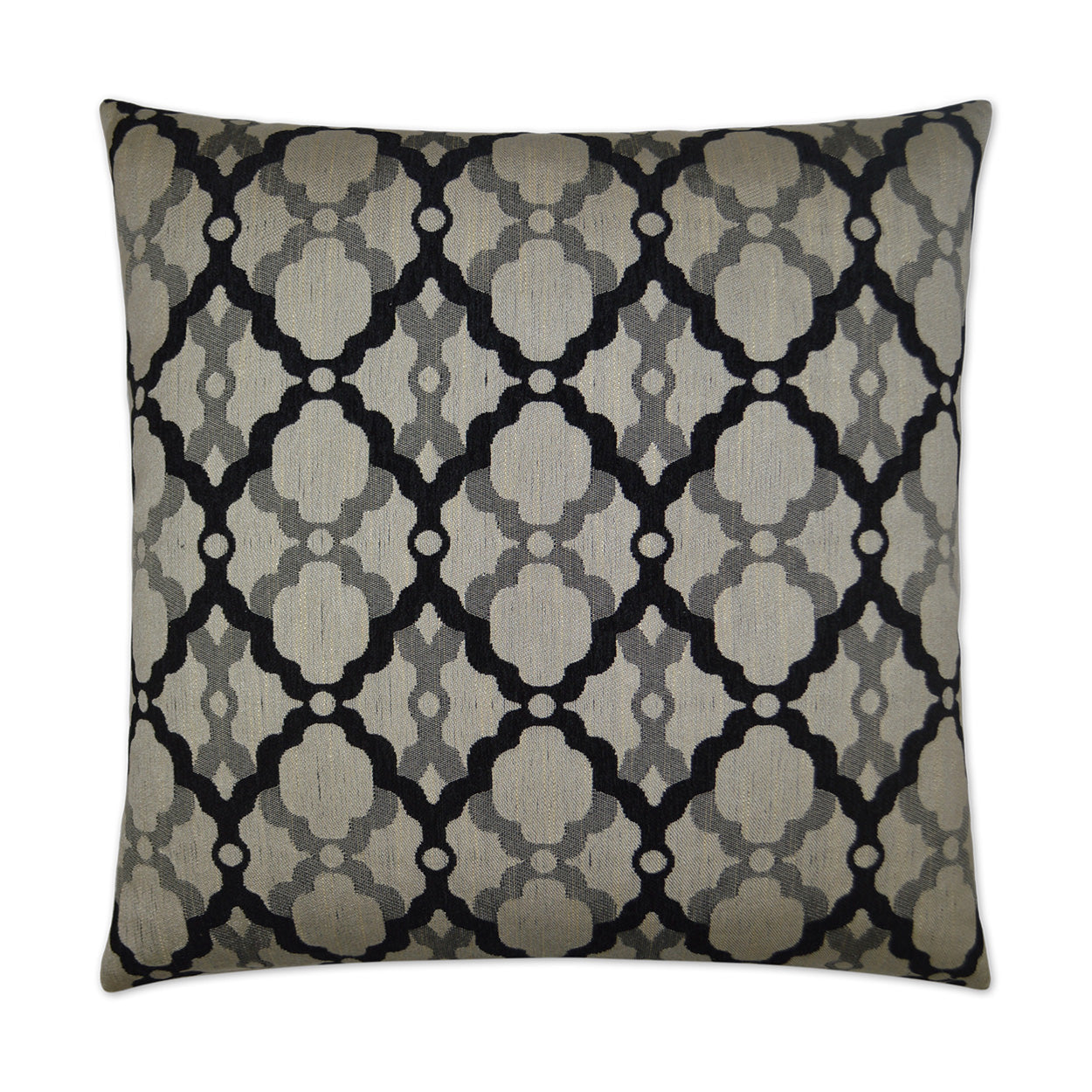Square throw pillow with taupe and black lattice trellis pattern in woven fabric.