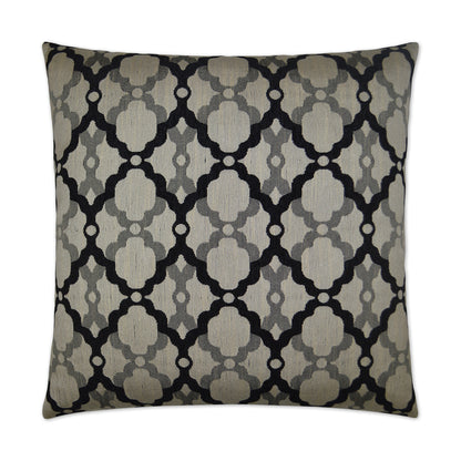 Square throw pillow with taupe and black lattice trellis pattern in woven fabric.