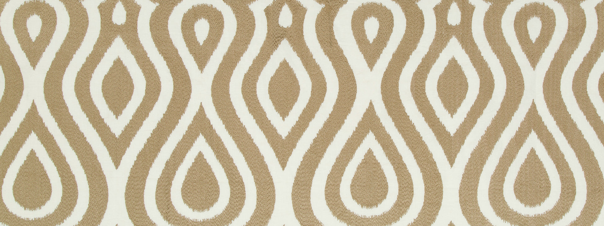 Beige fabric with a white teardrop-shaped repeating geometric motif; decorative textile.