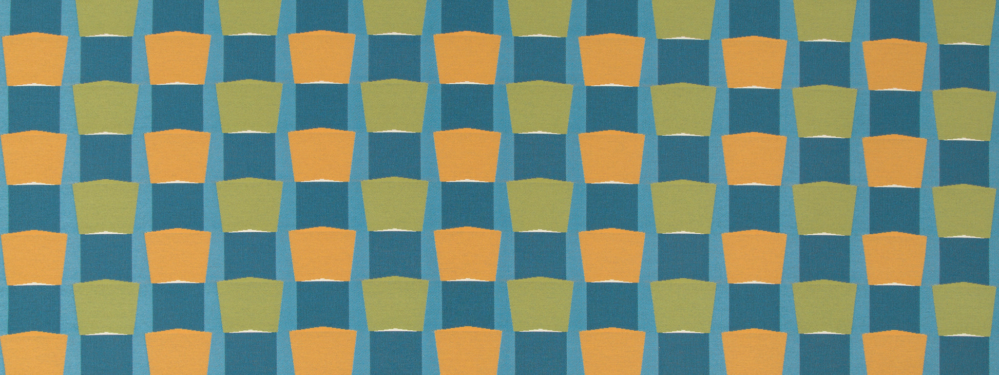 Geometric tessellation of teal, olive green and orange trapezoids on a blue grid background