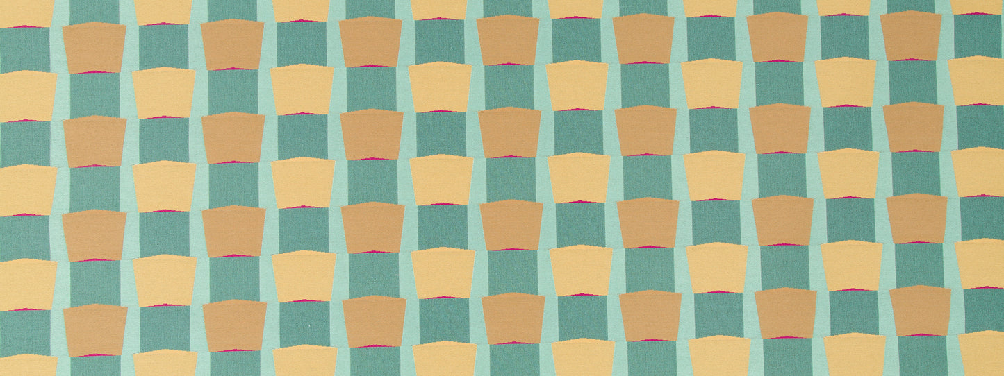 Abstract geometric pattern in teal, peach, and pale yellow with rounded-top blocks in a repeating grid.