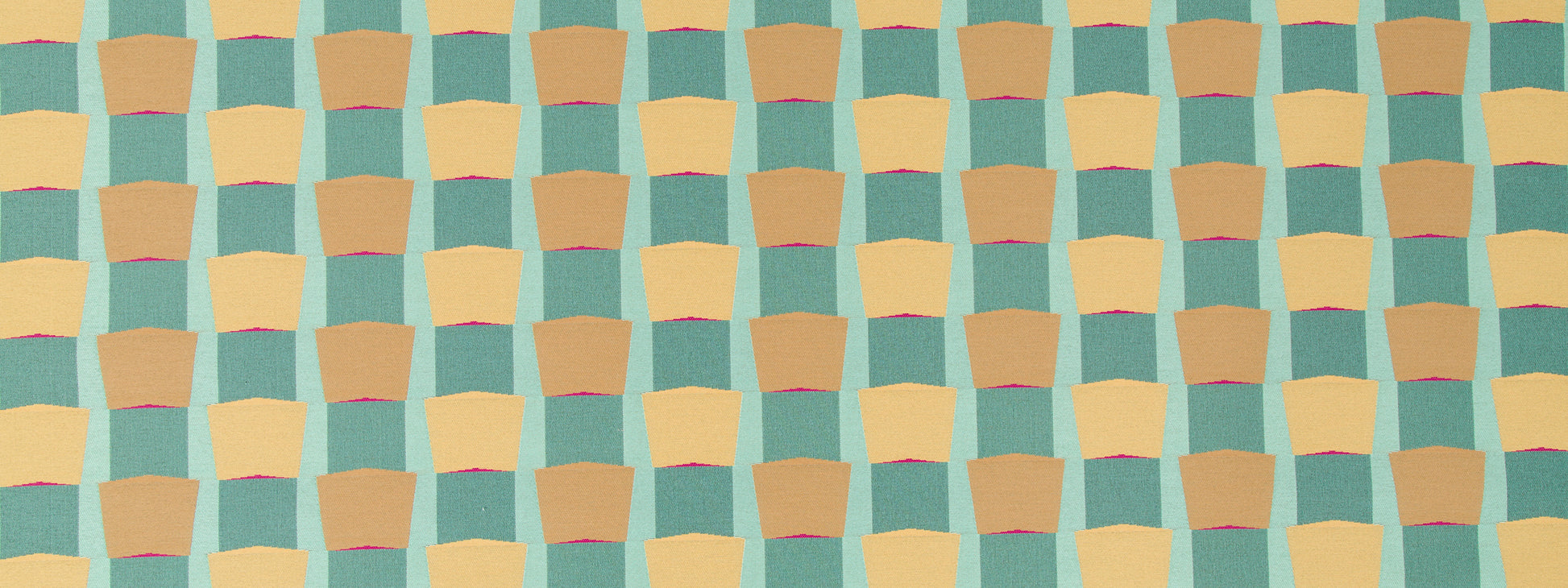 Abstract geometric pattern in teal, peach, and pale yellow with rounded-top blocks in a repeating grid.
