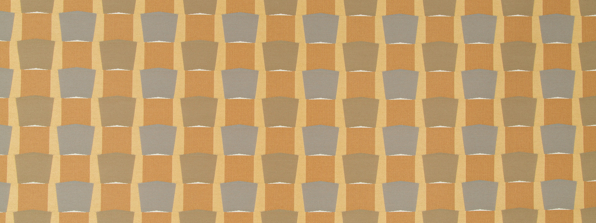 Geometric pattern of rounded trapezoids in warm orange-gold, tan and gray tones; retro woven tile-style upholstery fabric.