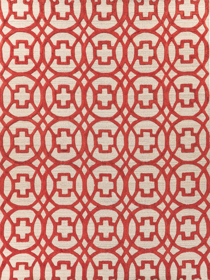 Beige rug with repeating red geometric lattice patterns: circles enclosing white square centers.