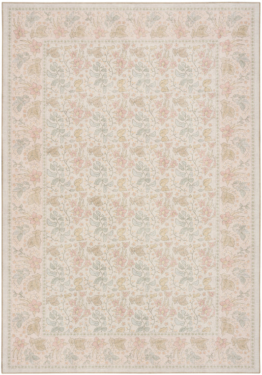 Rectangular pastel floral area rug with cream background, pink and green motifs and ornate border; farmhouse style.