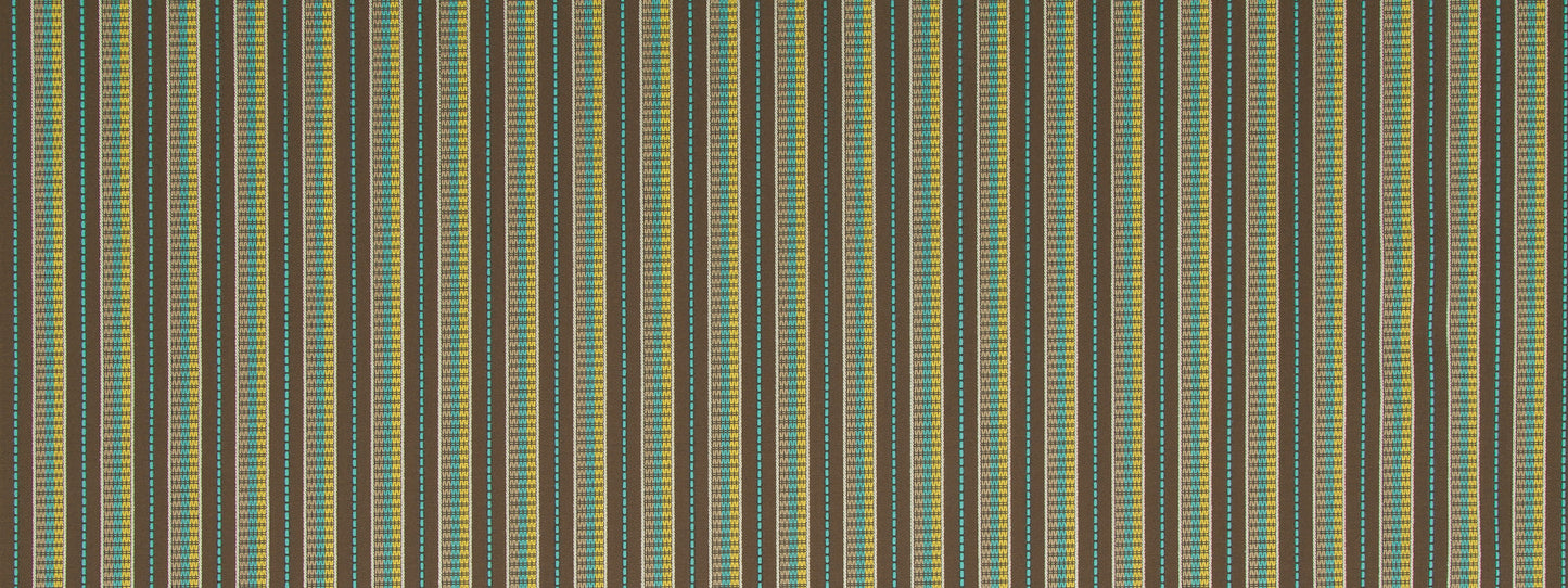 Multicolor vertical striped fabric pattern with teal, gold, brown and green hues; woven textile for upholstery or curtains.