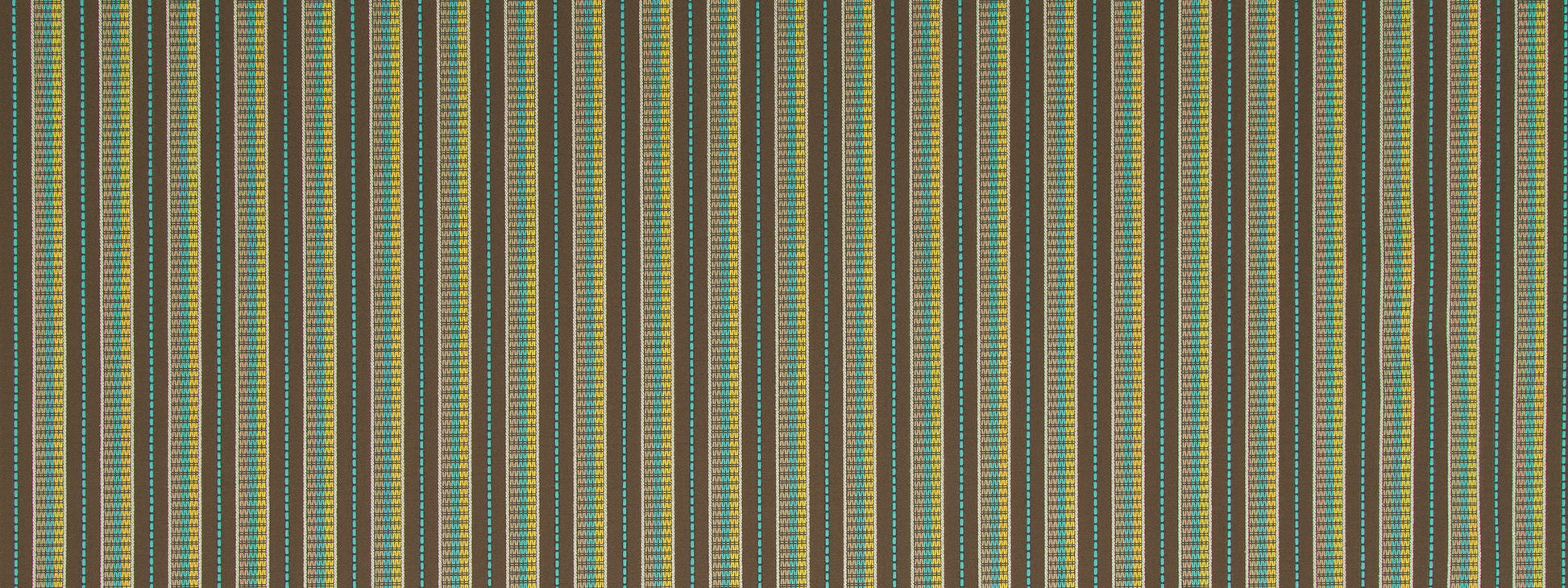 Multicolor vertical striped fabric pattern with teal, gold, brown and green hues; woven textile for upholstery or curtains.