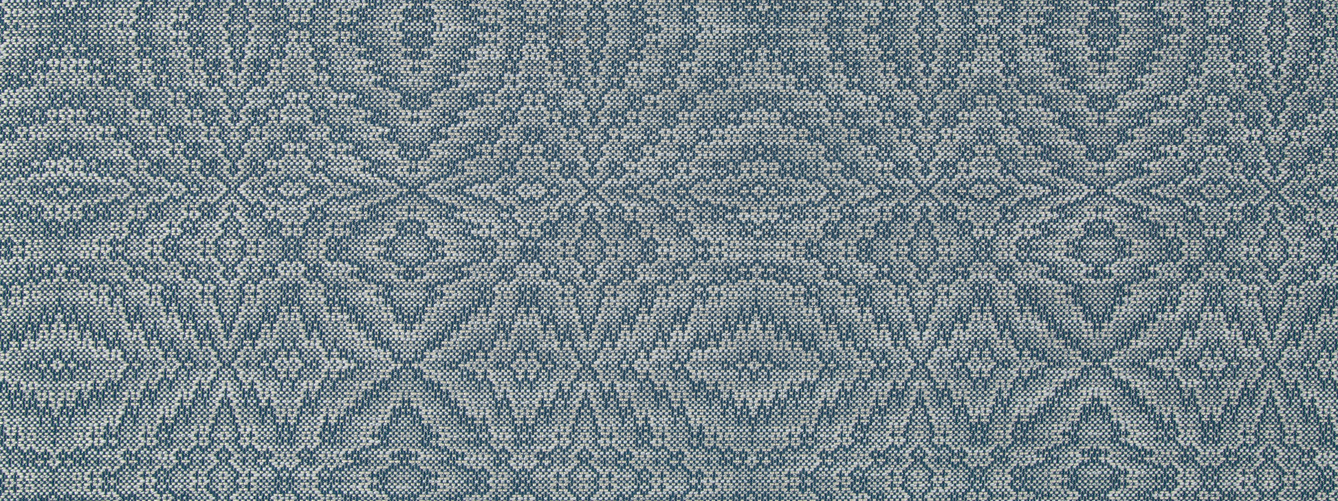 Blue-gray woven fabric with intricate geometric pattern, damask/ikat-inspired; ideal for upholstery or home decor.
