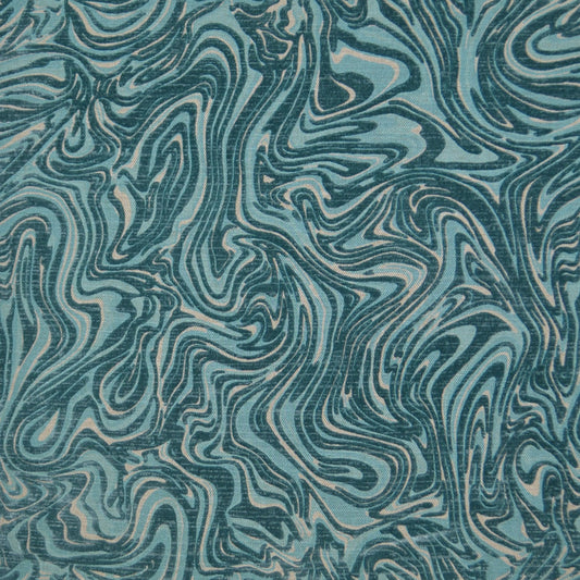 Teal & navy marbled fabric with cream swirls; abstract flowing pattern for upholstery or apparel.