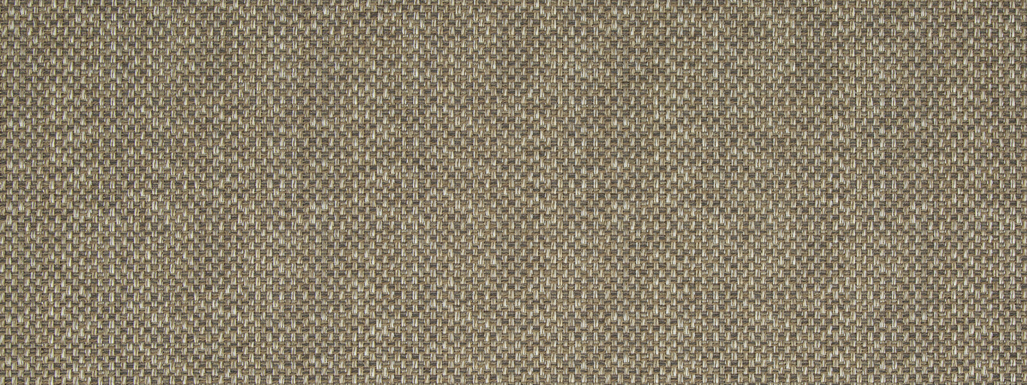 Close-up of beige and taupe woven fabric texture with interlaced threads; neutral upholstery fabric.