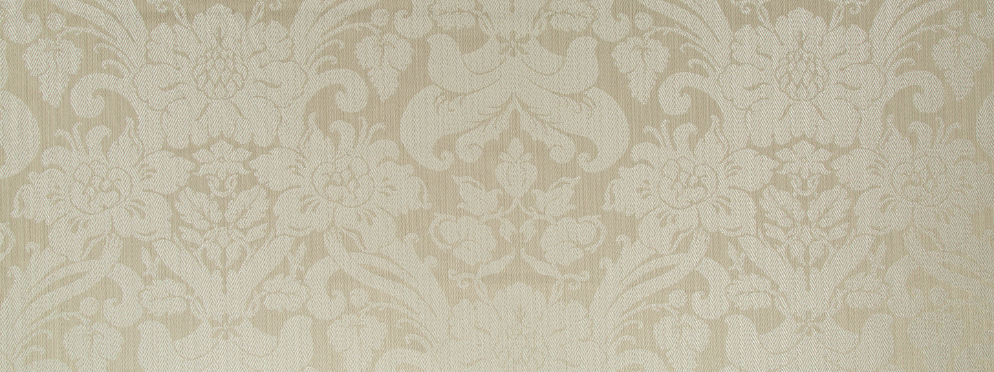 Beige damask-pattern upholstery fabric with ornate floral scrolls and a subtle textured finish.