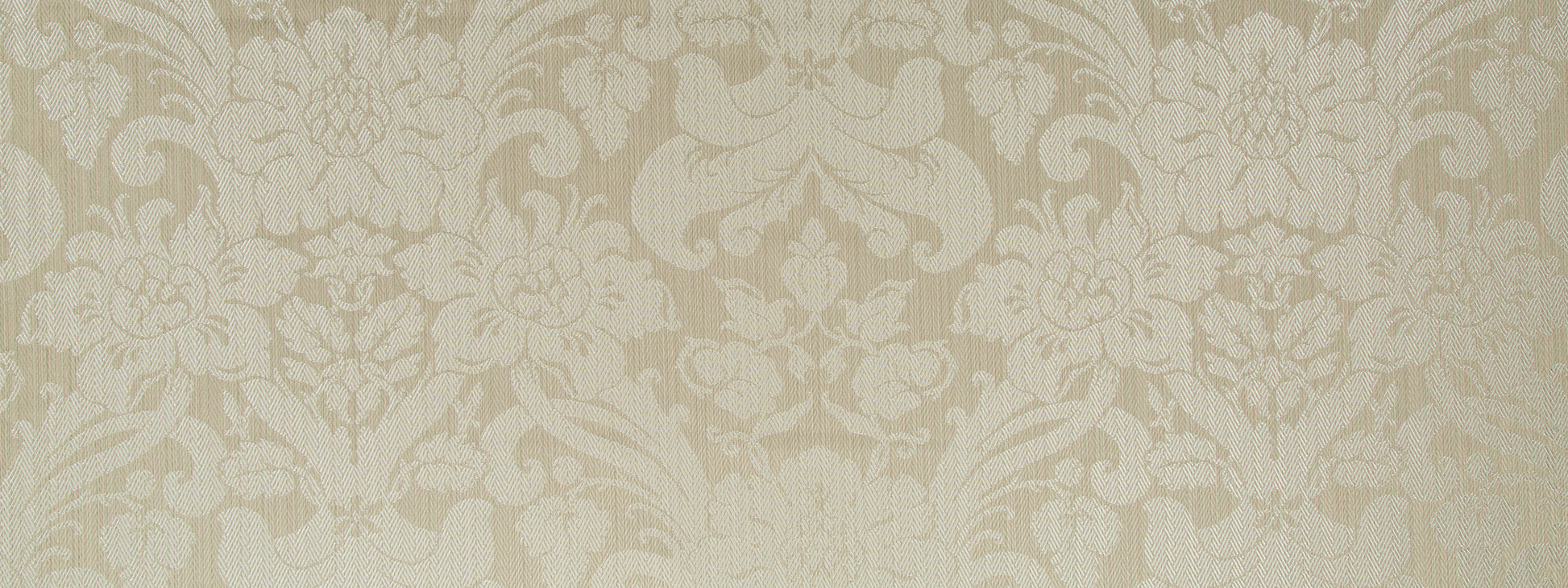 Beige damask-pattern upholstery fabric with ornate floral scrolls and a subtle textured finish.
