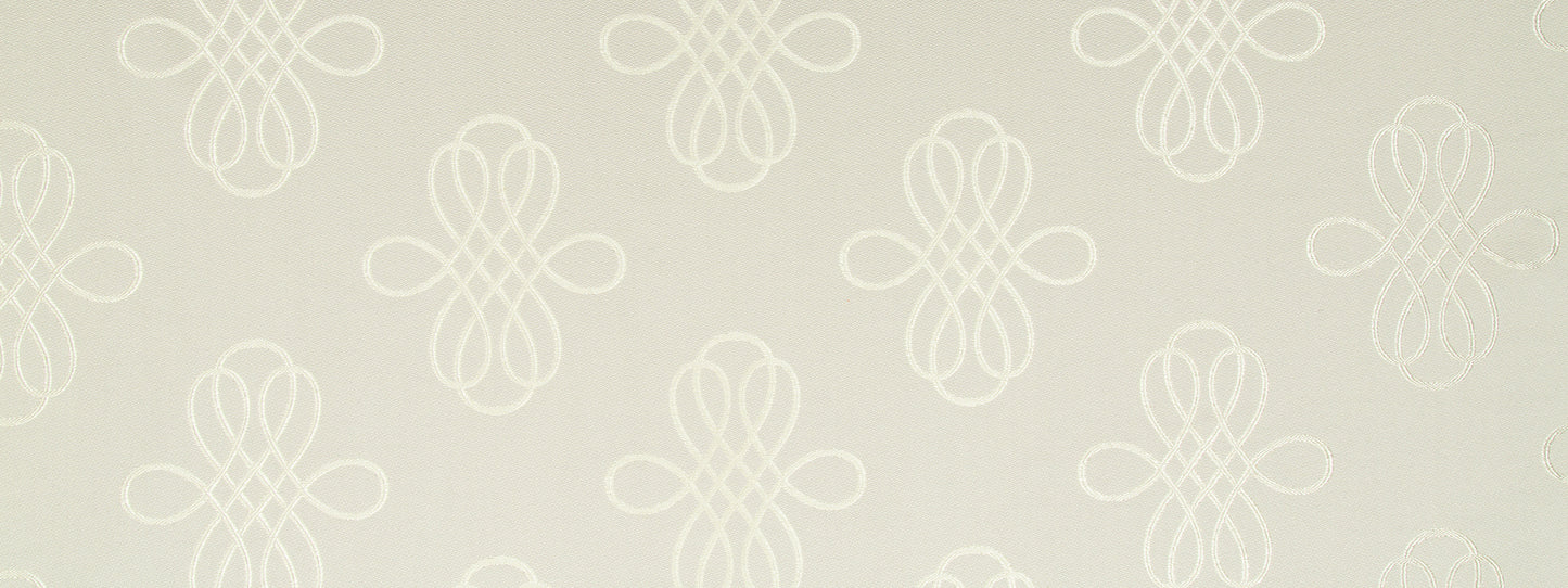 Beige upholstery fabric with repeating white looped floral motifs in a soft, elegant pattern.