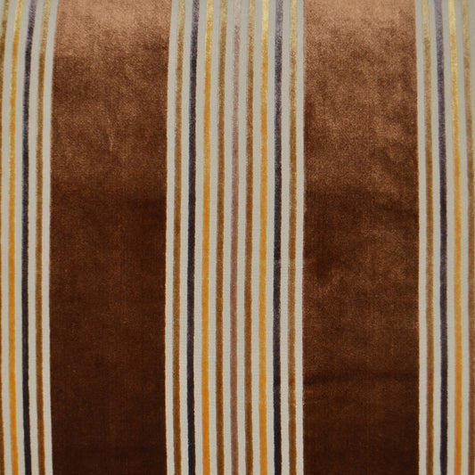 Brown fabric with bold vertical stripes: wide dark brown panels separated by narrow ivory, beige, and gold stripes.