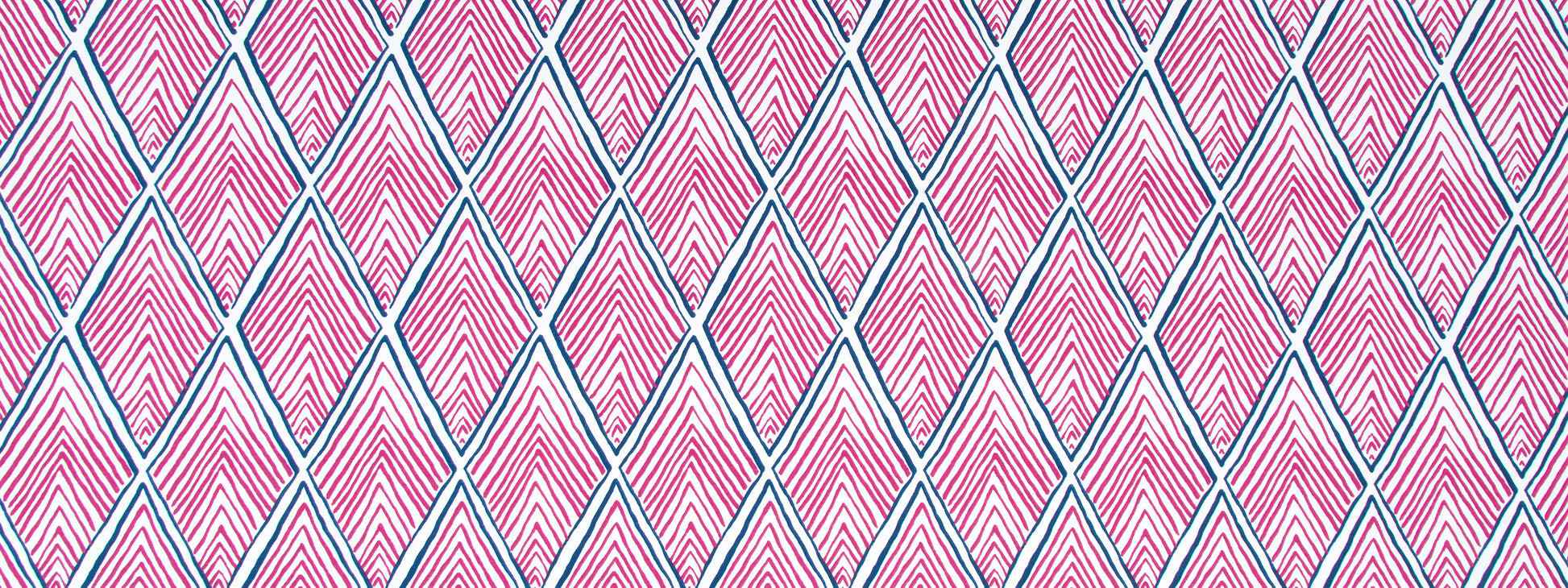 Pink diamond lattice fabric with blue outlines and white diagonal accents.