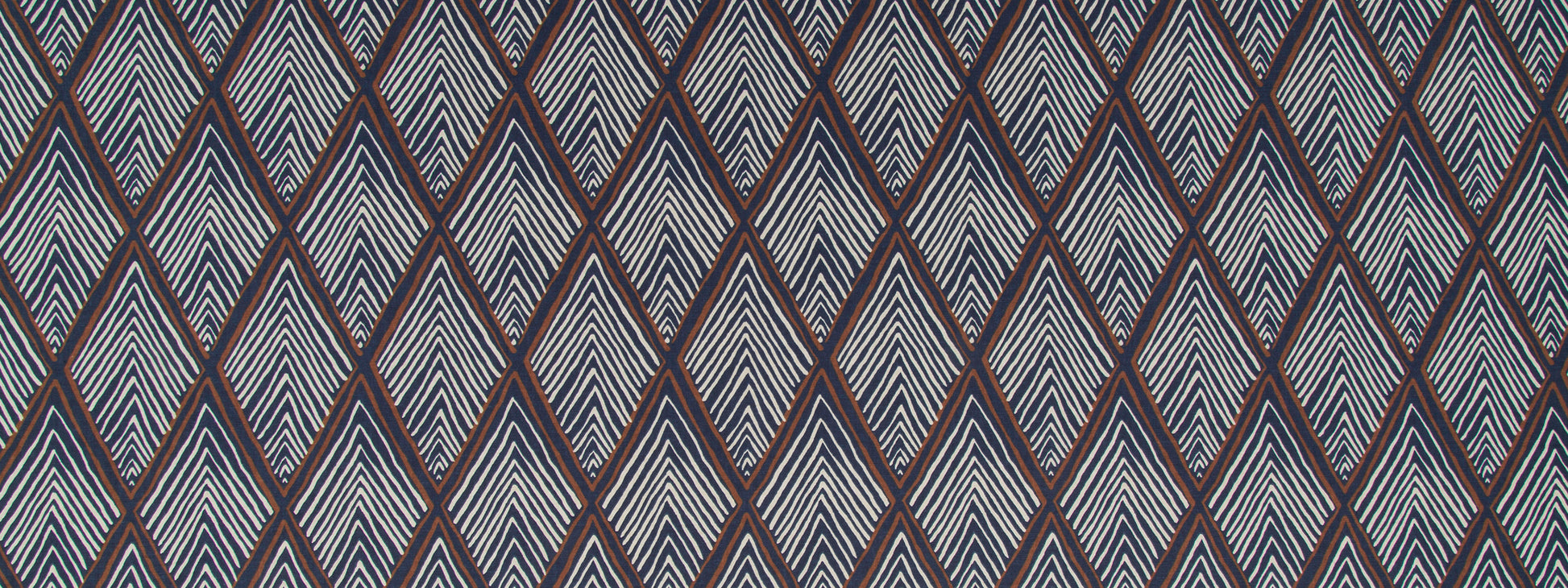 Geometric diamond lattice in blue with brown outlines and light blue zigzags; textile pattern for upholstery.