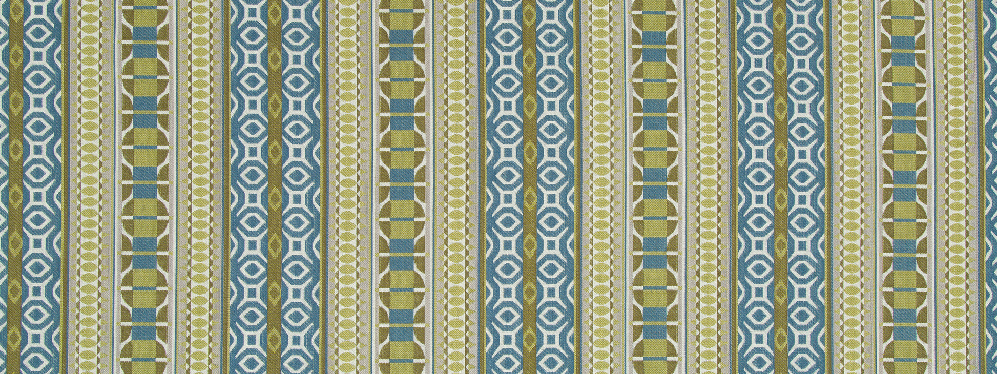 Striped geometric fabric in teal blue, olive green and beige with a tribal-inspired pattern