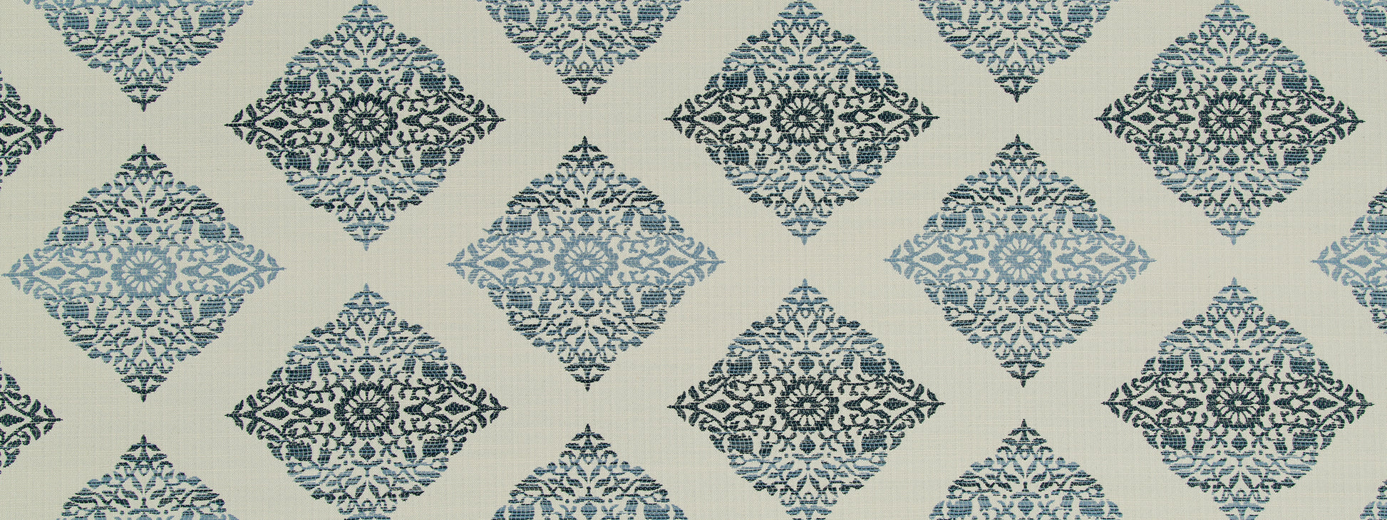 Blue damask diamond pattern with rosette floral motifs on beige background.