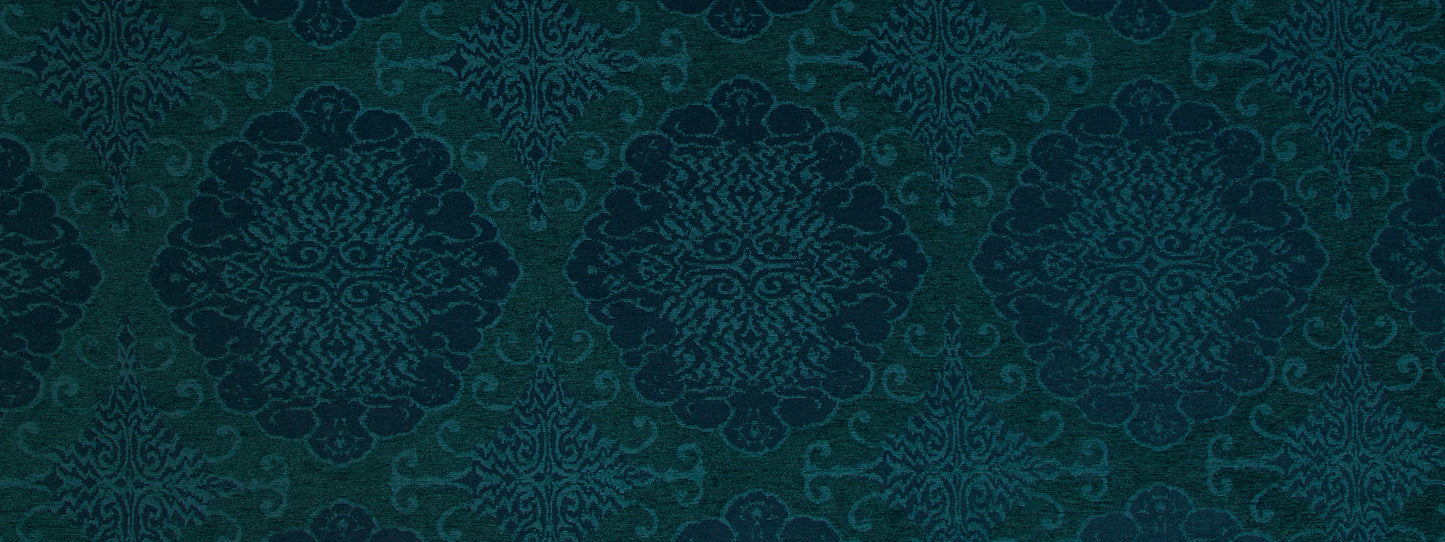 Azure damask floral upholstery fabric with a repeating large ornate medallion pattern.