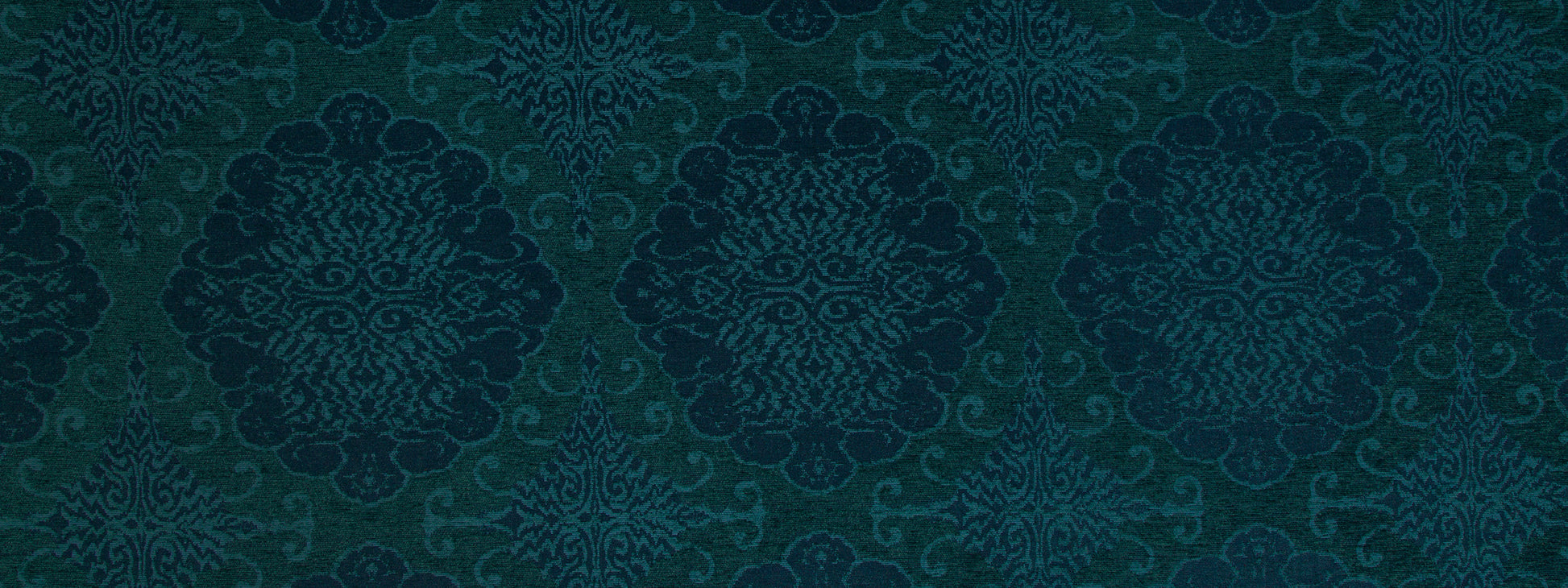 Azure damask floral upholstery fabric with a repeating large ornate medallion pattern.