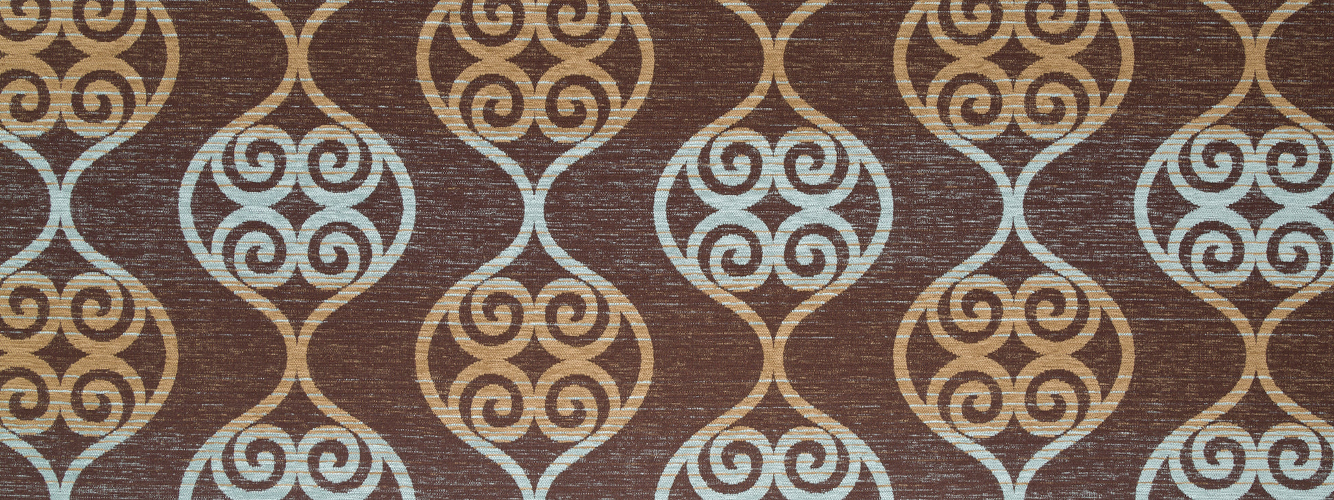 Brown textured upholstery fabric with a repeating beige & pale blue ornamental medallions & scrolls in a lattice pattern.