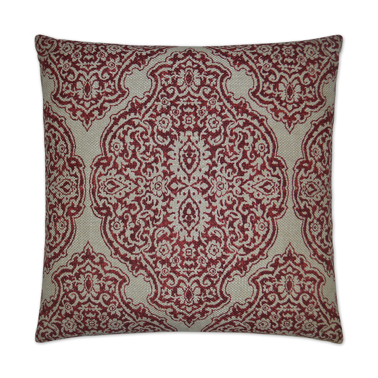 Red 24" x 24" square throw pillow with a traditional damask pattern.
