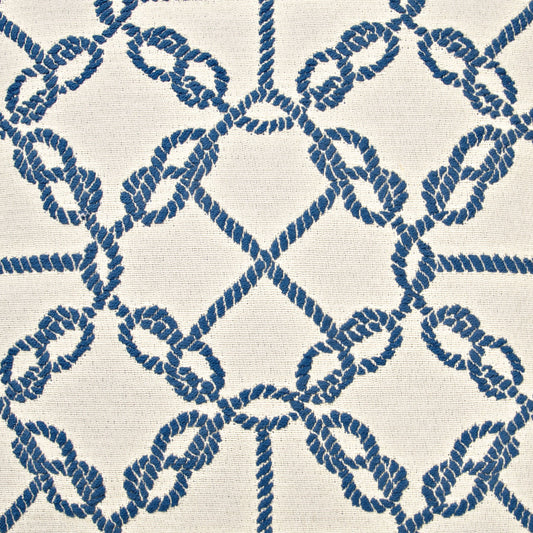 Cream fabric with interlocking blue rope-chain lattice pattern.