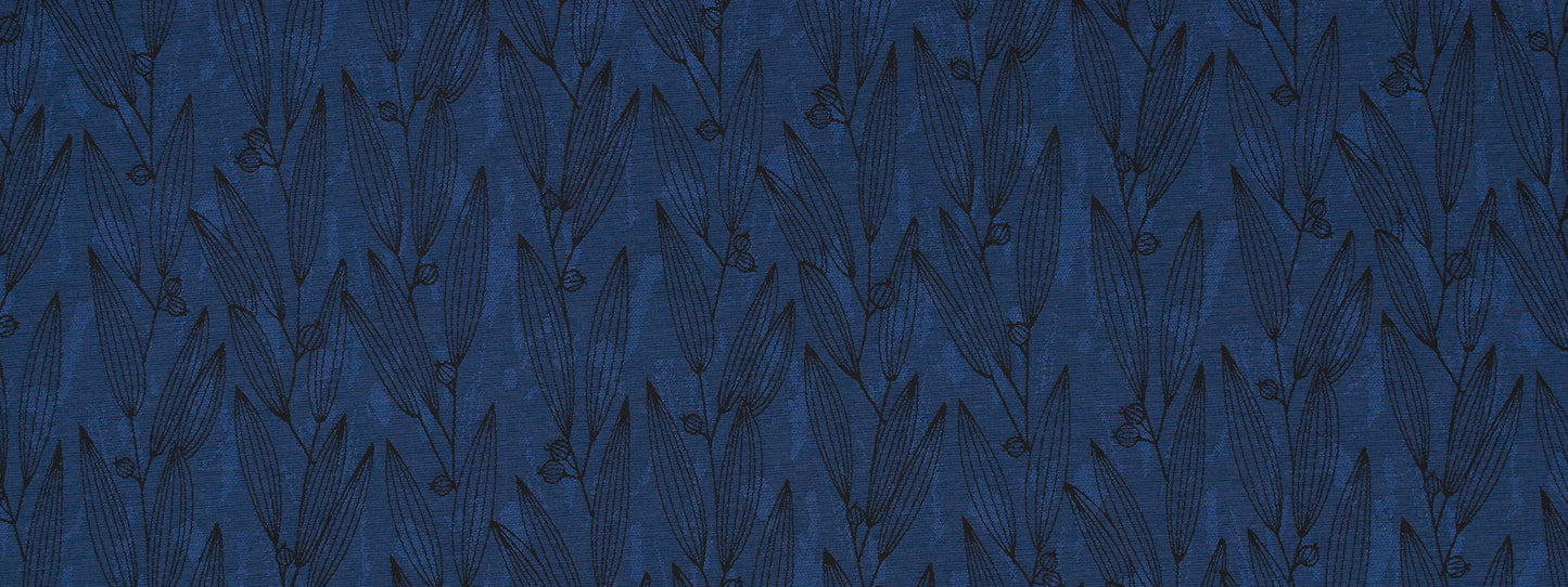 Navy blue fabric with a repeating leafy pattern and textured weave.