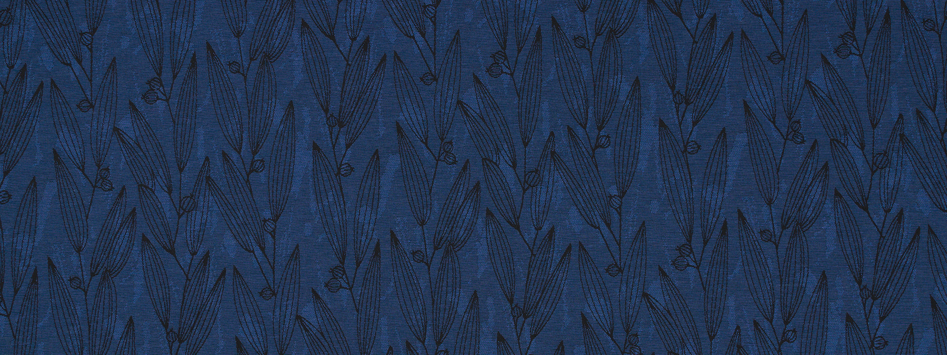 Navy blue fabric with a repeating leafy pattern and textured weave.