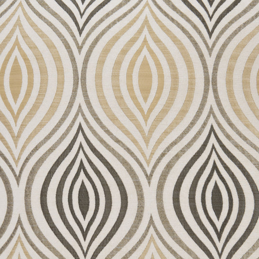 Geometric ikat-inspired fabric pattern with black, gray, and beige teardrop shapes on off-white background.