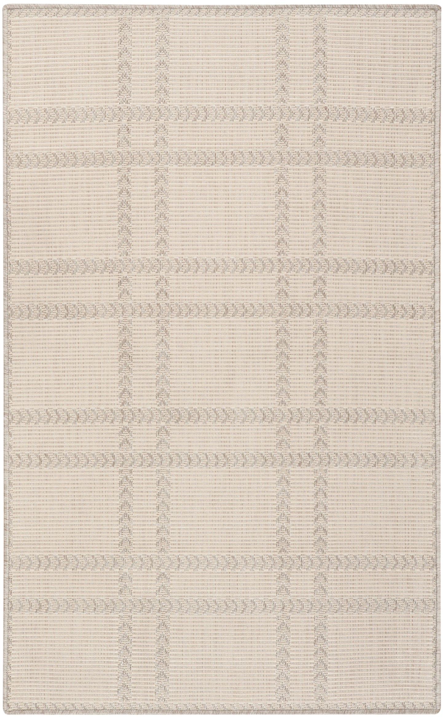 Beige woven rug with a subtle plaid grid, textured bands and braided-look borders for a neutral, versatile floor covering.