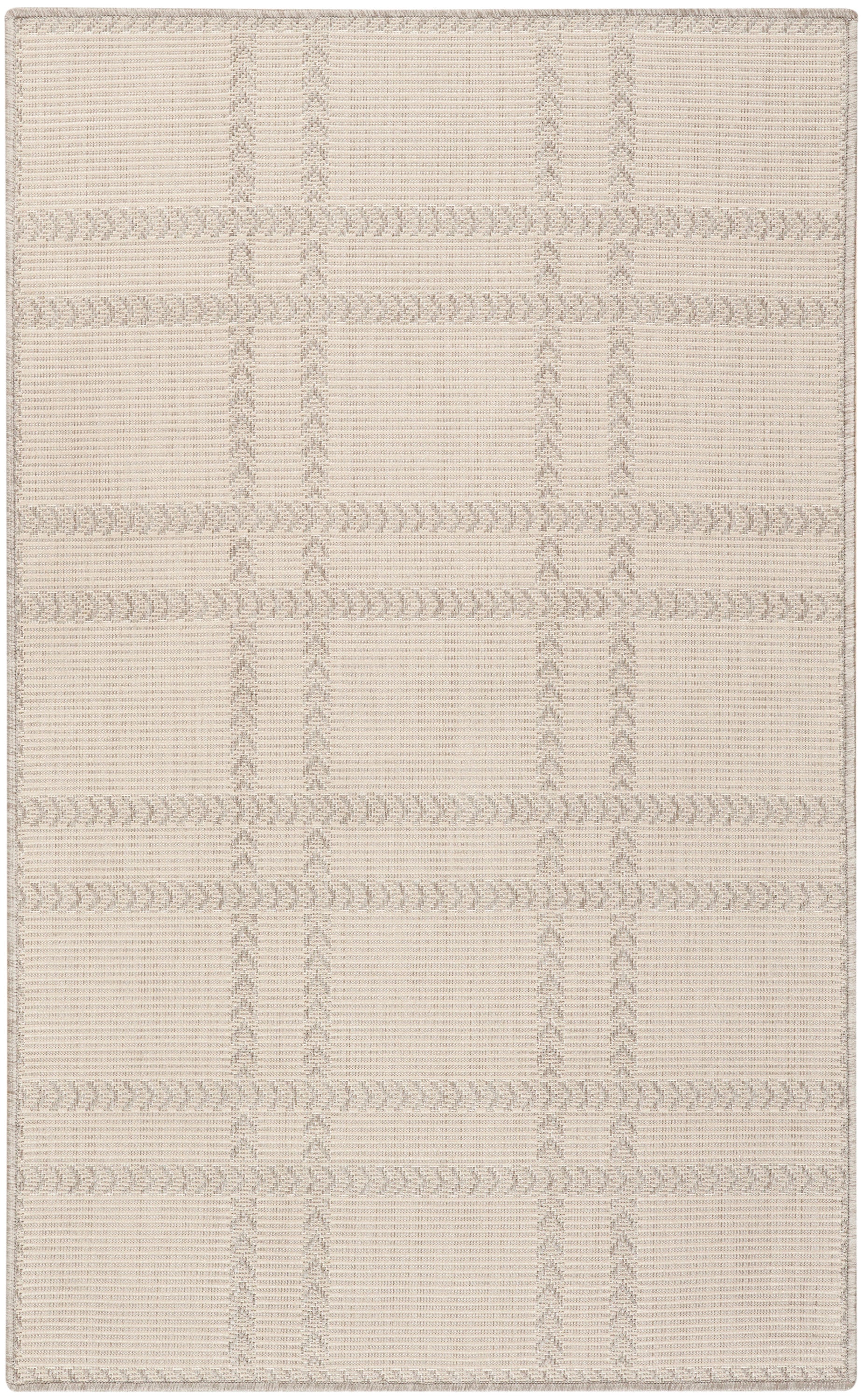 Beige woven rug with a subtle plaid grid, textured bands and braided-look borders for a neutral, versatile floor covering.