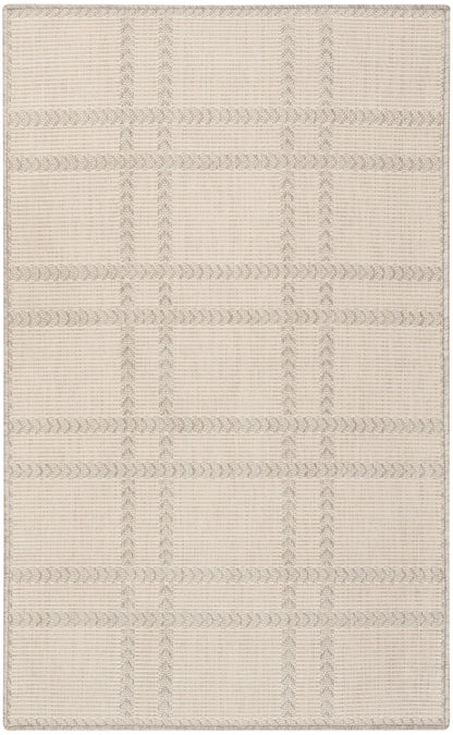 Beige woven rug with a subtle plaid grid, textured bands and braided-look borders for a neutral, versatile floor covering.