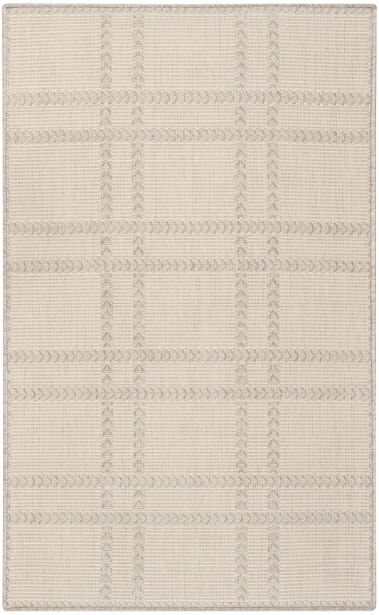 Beige woven rug with a subtle plaid grid, textured bands and braided-look borders for a neutral, versatile floor covering.