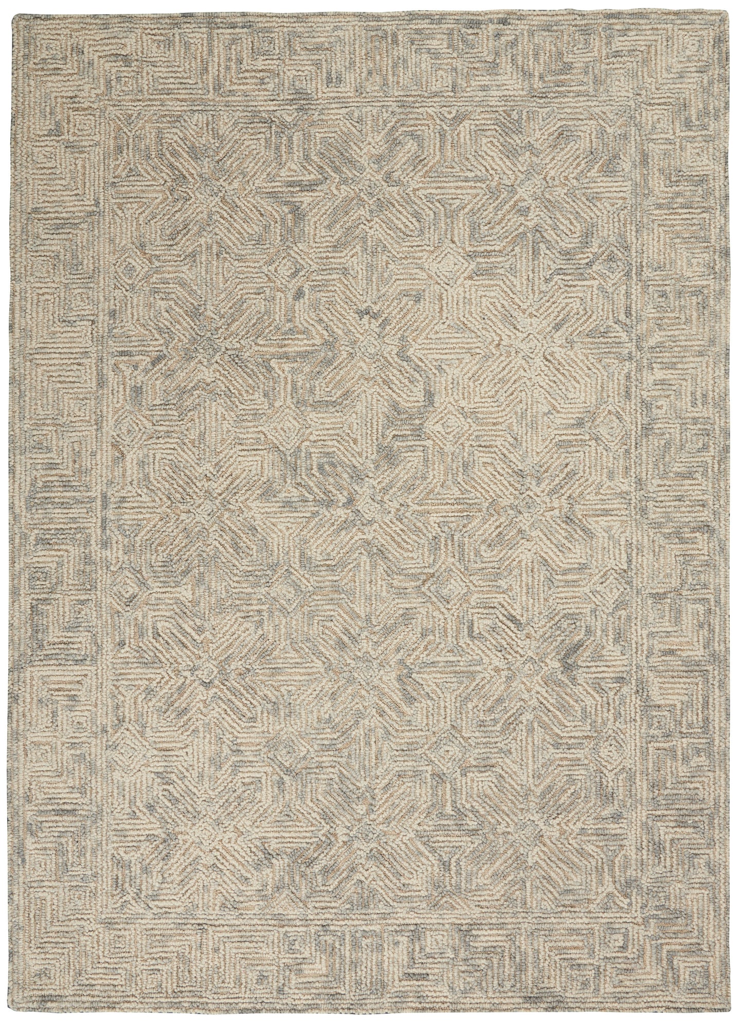 Neutral beige-gray woven area rug with a geometric maze border and subtle central medallion pattern.