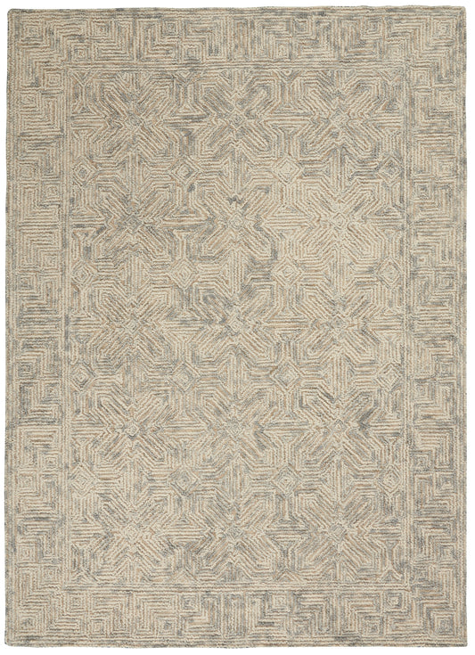 Neutral beige-gray woven area rug with a geometric maze border and subtle central medallion pattern.