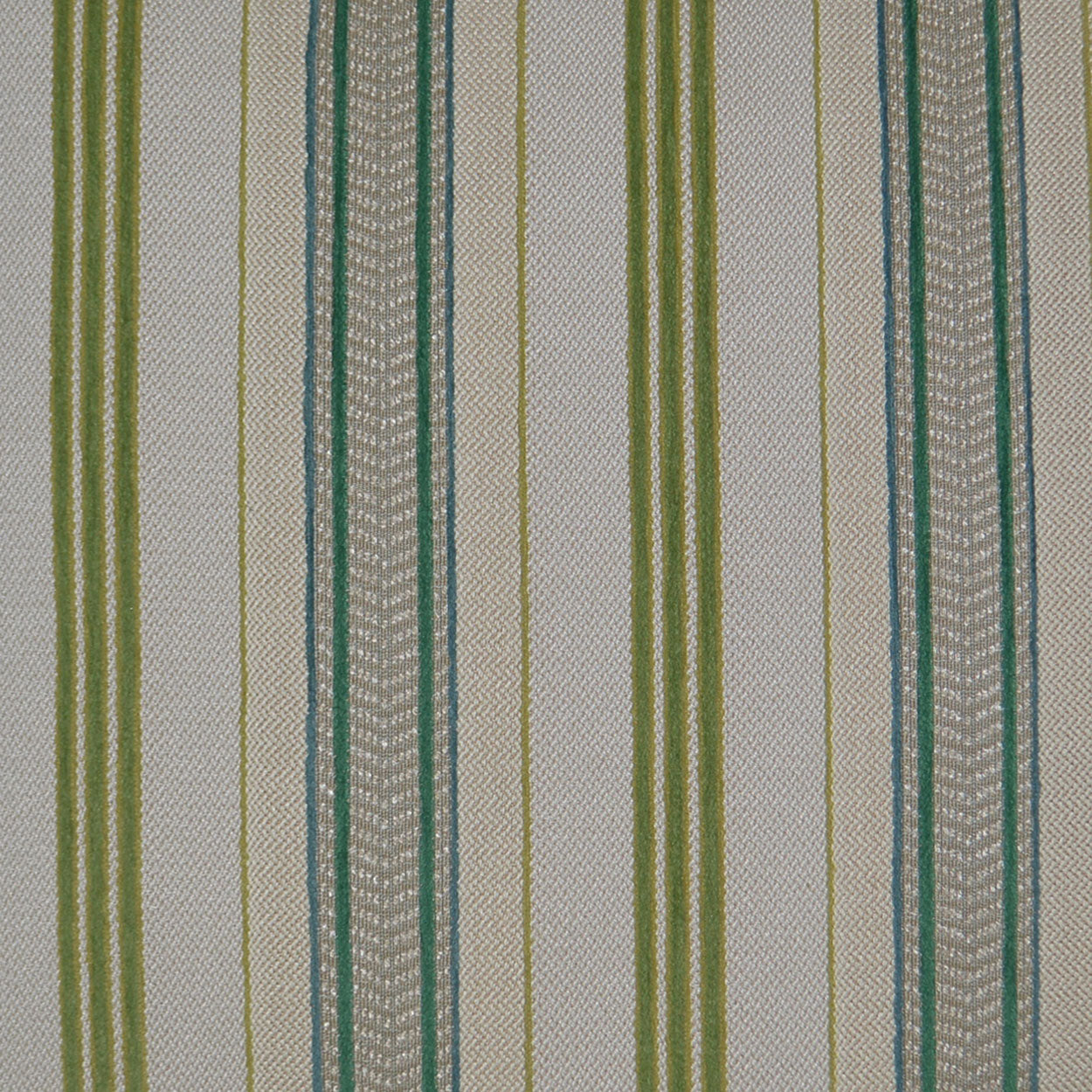 Woven fabric with vertical olive green, teal & gold stripes on beige background; linen-like textured weave.