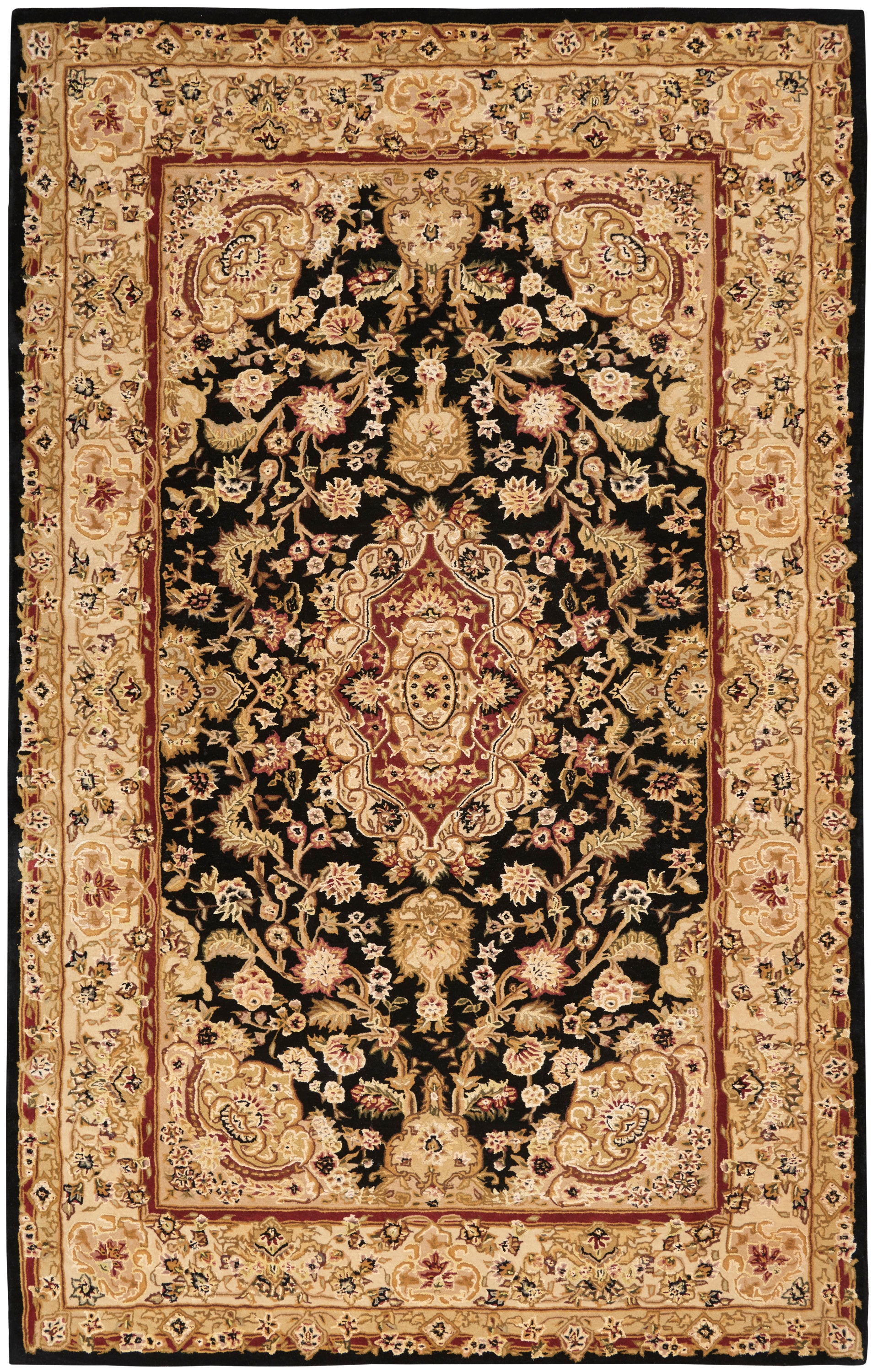 Rectangular Persian-inspired rug with black central field, ivory-gold floral medallions and red accents, ornate beige border.
