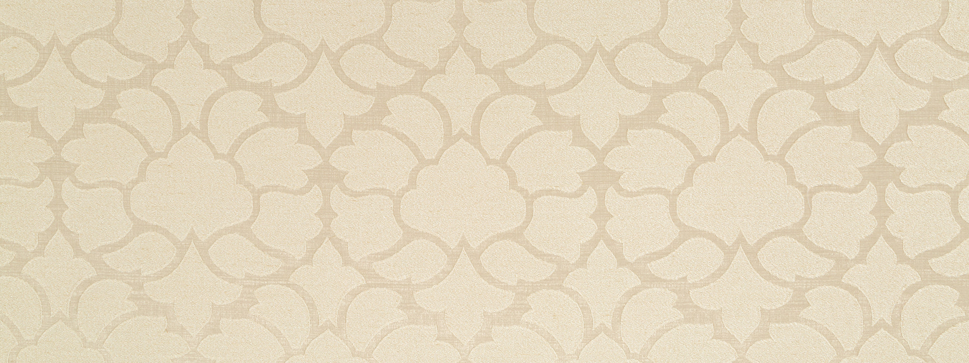 Beige damask pattern on drapery fabric with soft, ornate floral motifs in a repeating design.