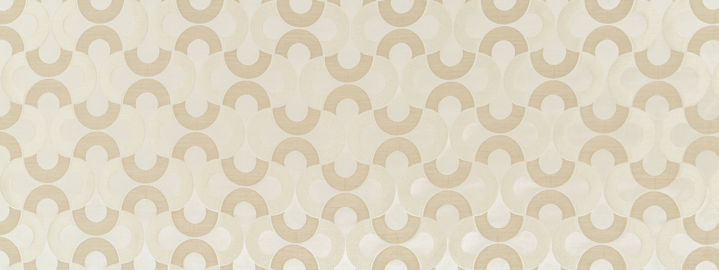 Beige and cream geometric interlocking circle pattern drapery fabric; neutral retro curtains.